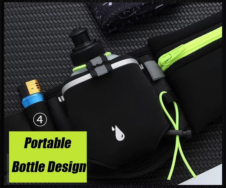 Black portable water bottle holder with a water bottle on a textured surface, labeled 'Portable Bottle Design'.