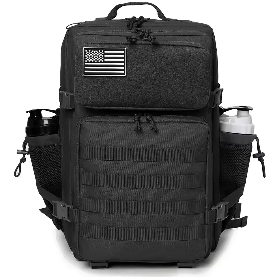 Black tactical backpack with American flag patch on a white background