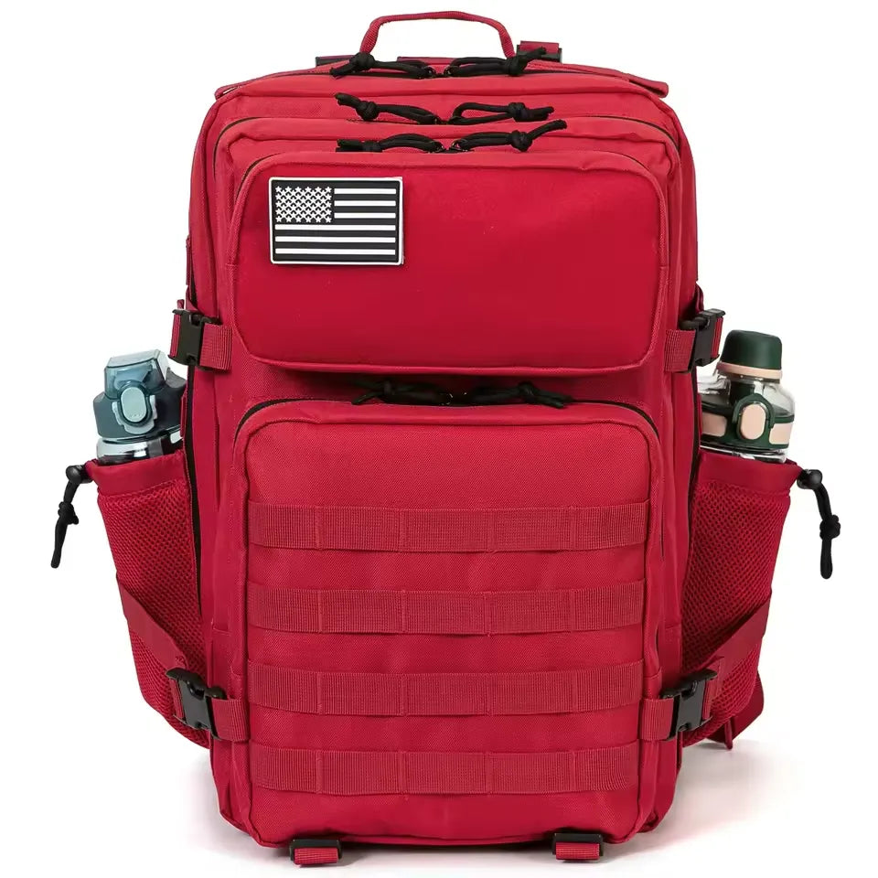 Red backpack with American flag patch on a white background