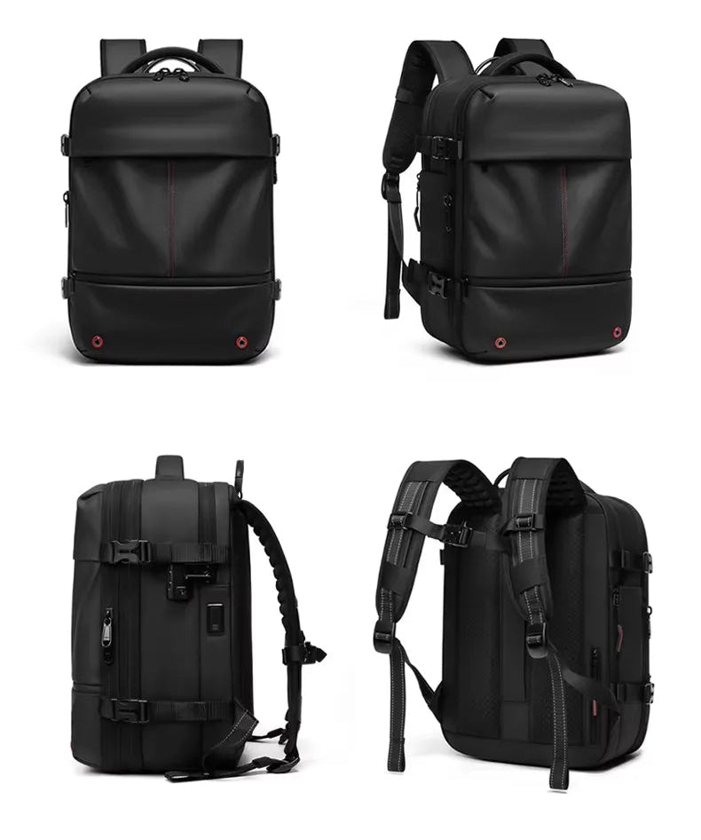 Black backpack shown from multiple angles with feature text on a white background