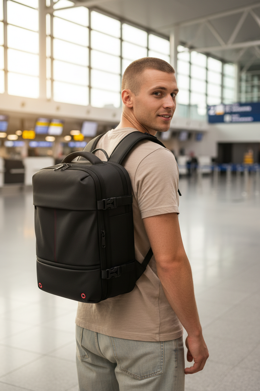 Man with a black backpack in an airport terminal