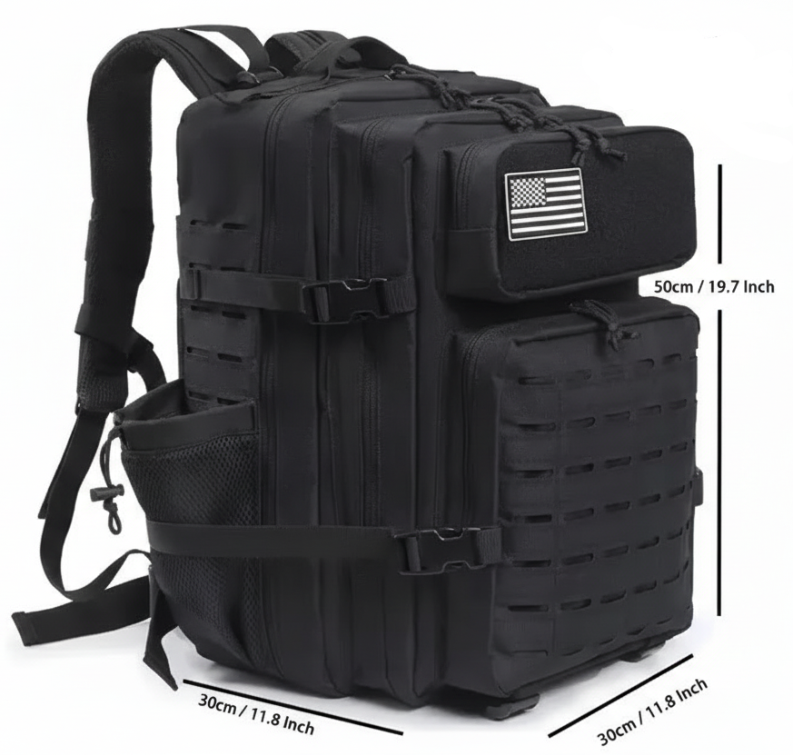 Black tactical backpack with American flag patch and measurements on a white background