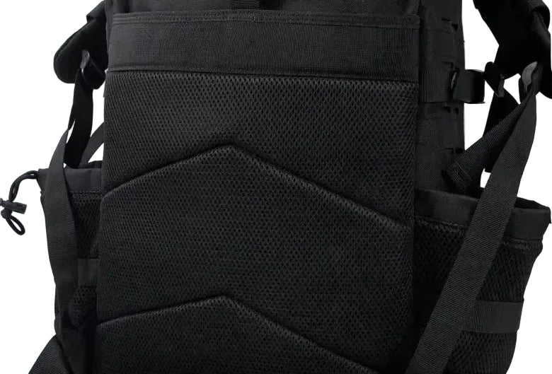 Black tactical backpack with a focus on the back panel design.