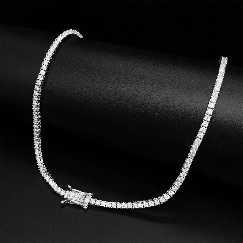 Moissanite Tennis Chain Necklace 925 Sterling Silver - 2mm Round Stones Unisex Hiphop/Rock Style by LevarJewelz