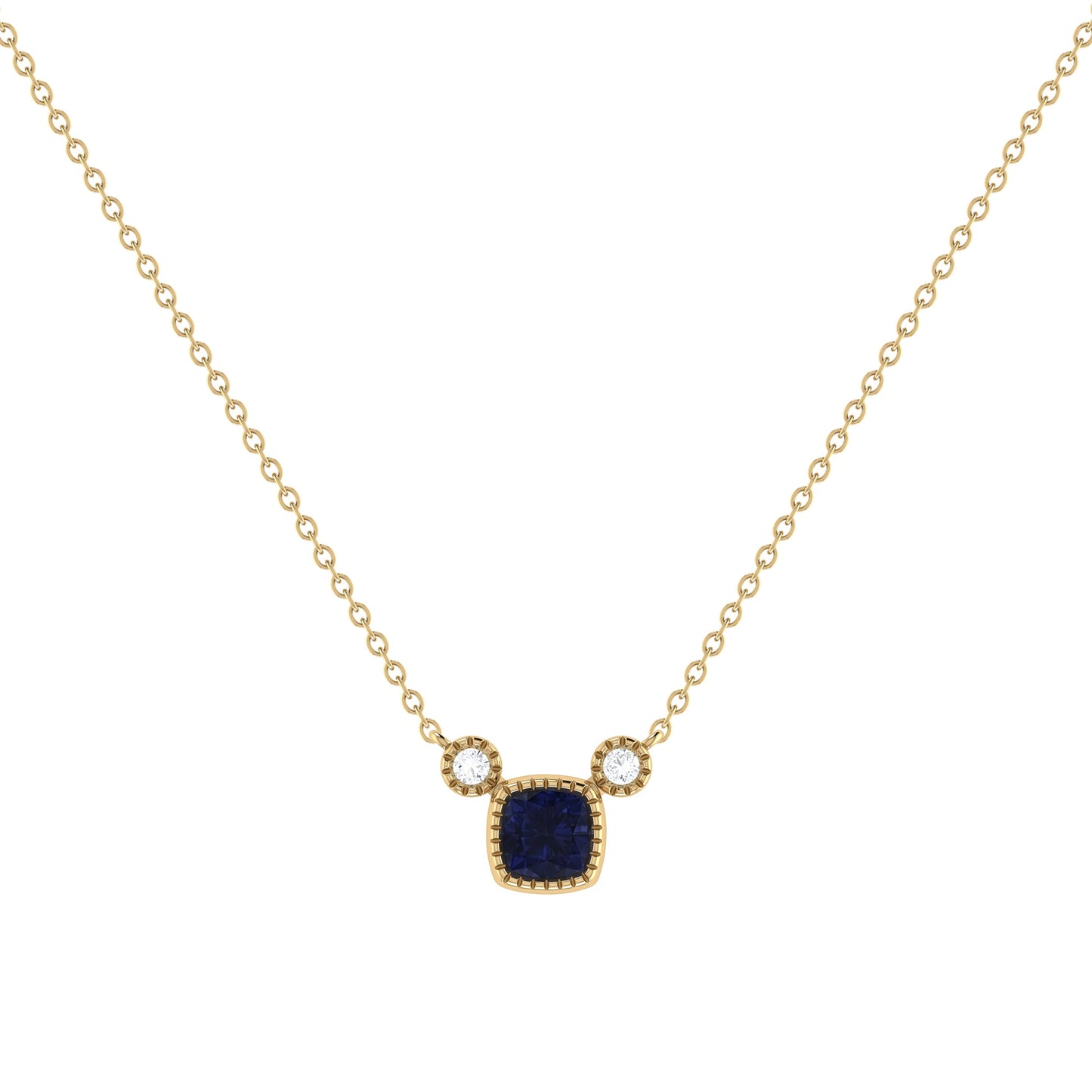 Cushion Cut Sapphire & Diamond Necklace in 14K Yellow Gold – Birthstone Jewelry by LevarJewelz