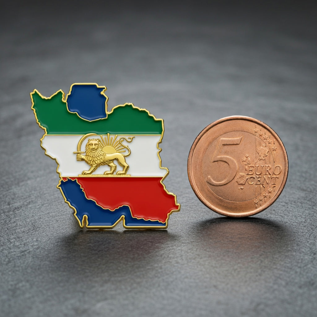 Iran Map Flag Badge Pin 3D – Lion and Sun Iran Map with Persian Gulf & Caspian Sea by LevarJewelz