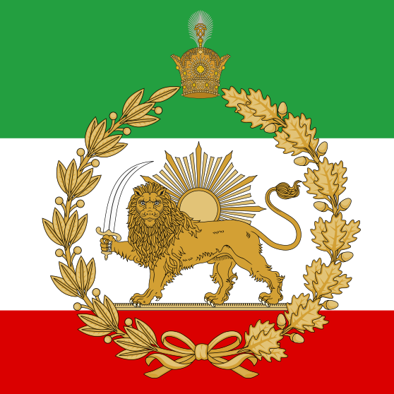 Coat of arms with a lion, sword, and sun on a green, white, and red background