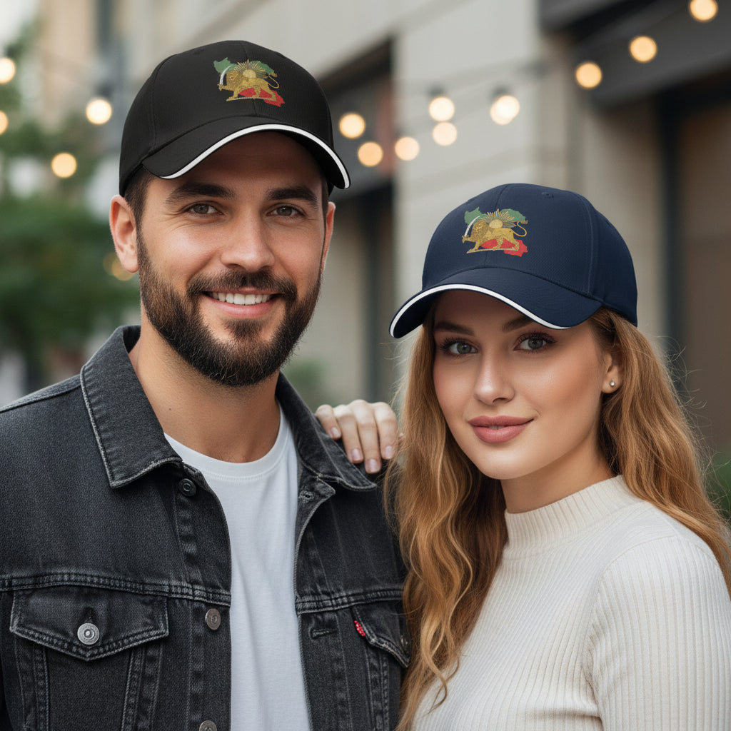Black cap with a lion emblem on a white background