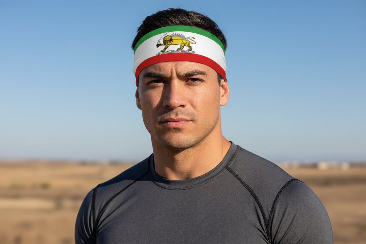 Headband with a lion emblem and green, white, and red stripes on a white background