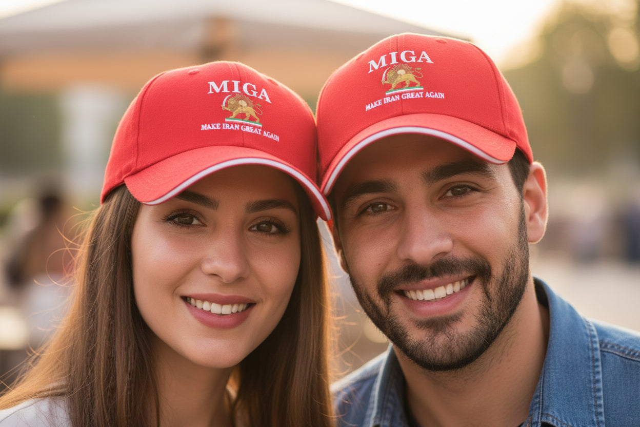 A beautiful lady and a handsome man are wearing MIGA hat