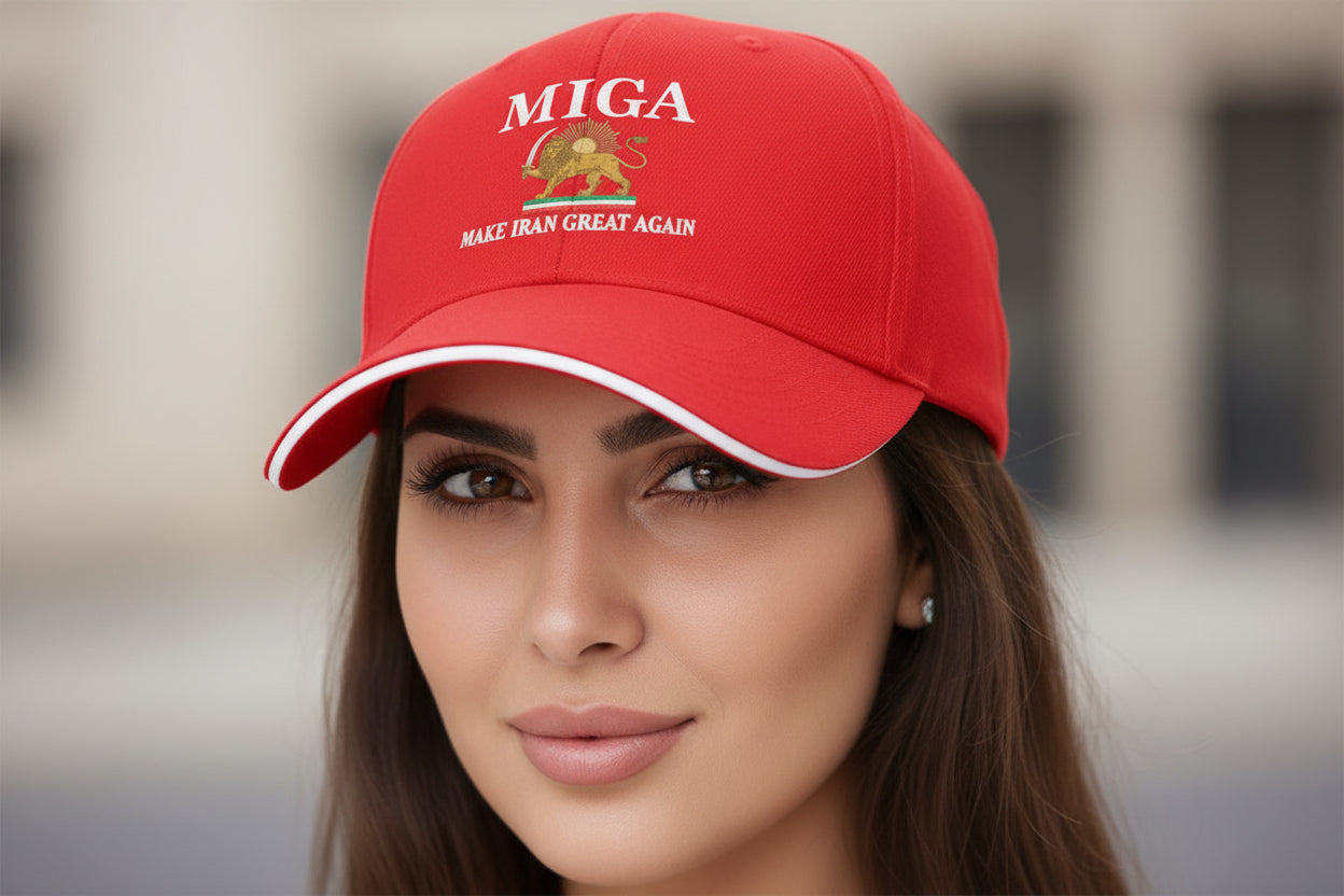 A beautiful lady is wearing MIGA hat