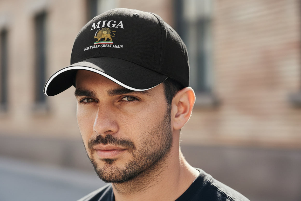Black cap with 'MIGA MAKE IRAN GREAT AGAIN' text and logo on a white background