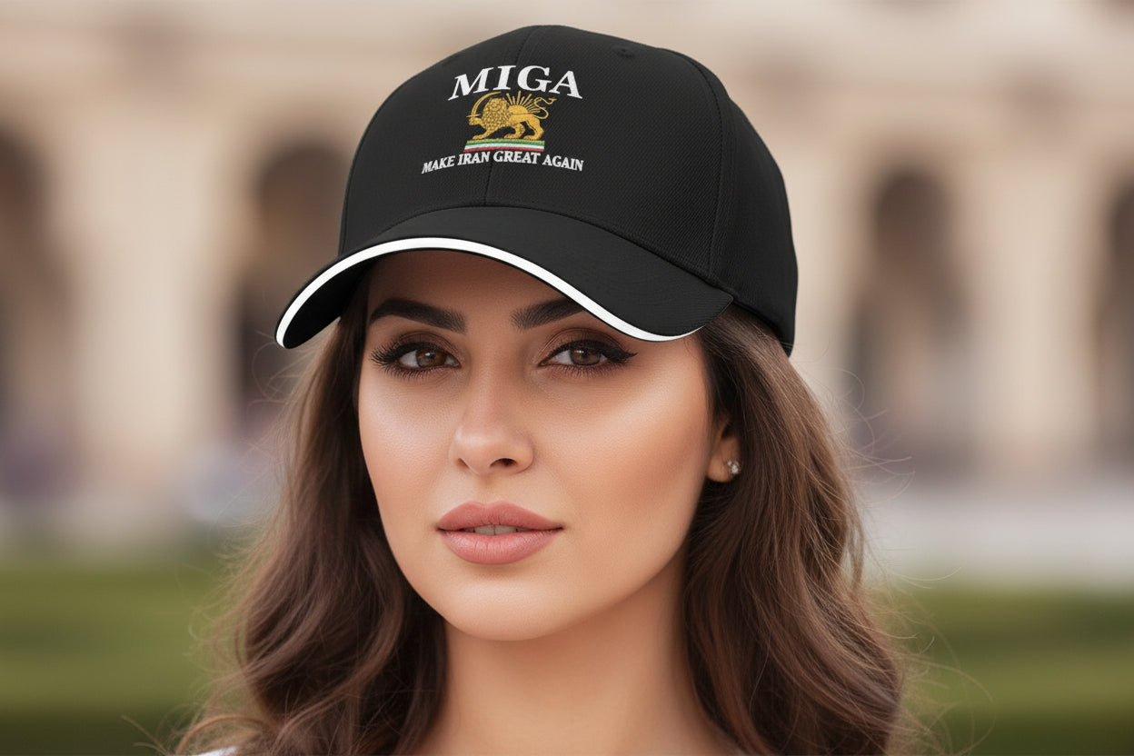 Black cap with 'MIGA Make Iran Great Again' text and lion emblem on a white background