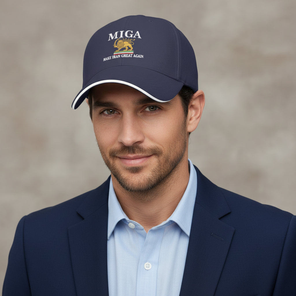 Man wearing a navy cap with 'MIGA' logo and text, against a neutral background