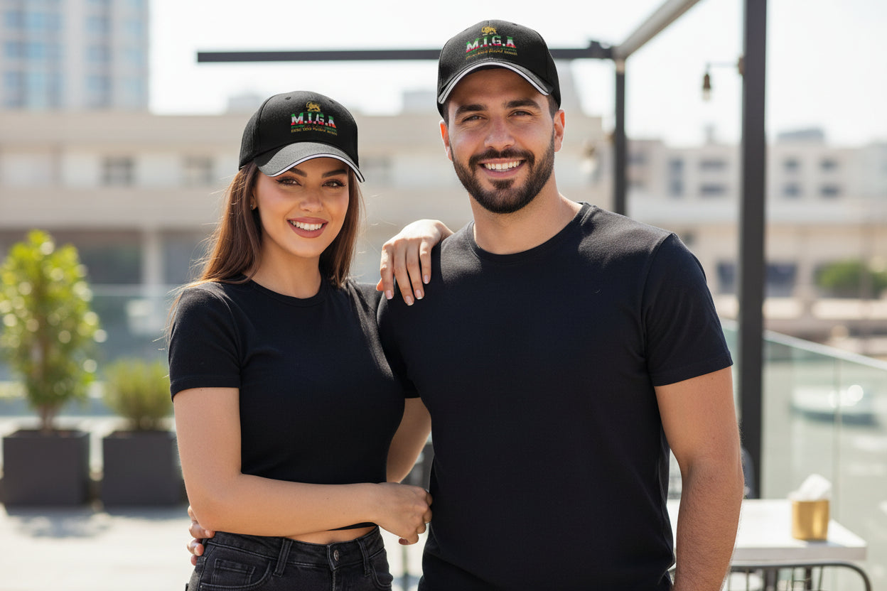 A beautiful lady and a handsome man are wearing MIGA hat