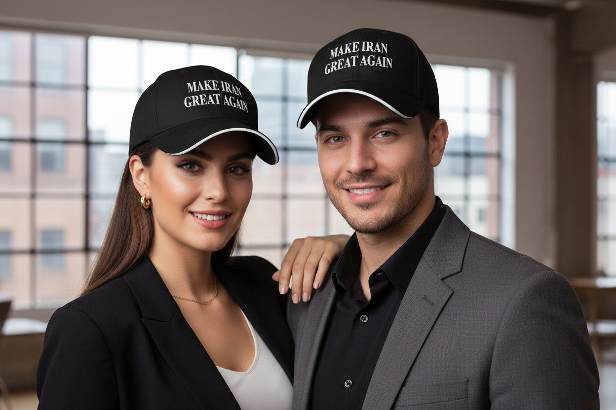 Two people wearing 'Make Iran Great Again' hats indoors.