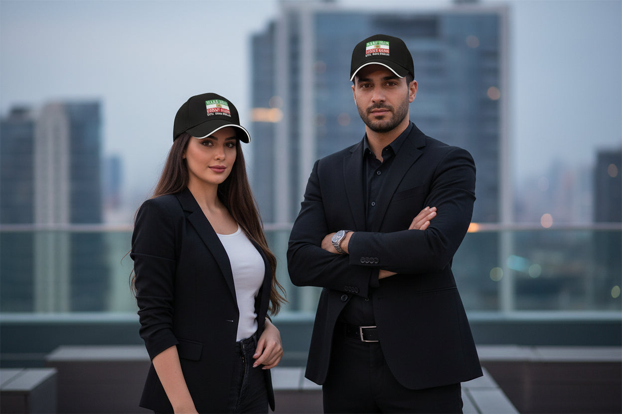 A beautiful lady and a handsome man are wearing MIGA hat