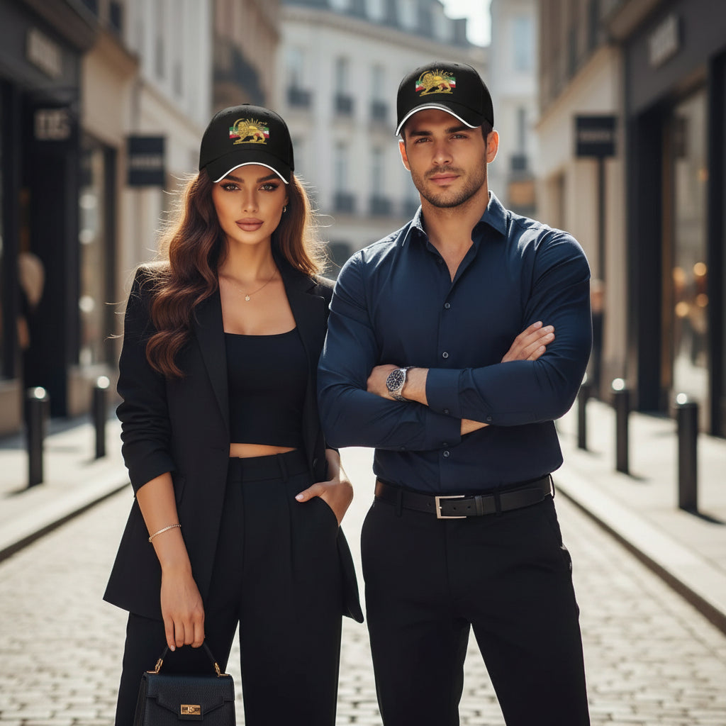 Two people wearing matching black caps with a logo on a city street.