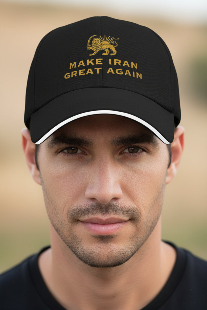Black cap with gold lion emblem and 'Make Iran Great Again' text on a white background