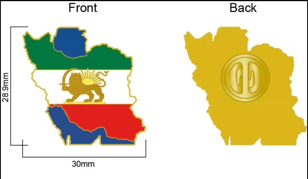 Iran Map Flag Badge Pin 3D – Lion and Sun Iran Map with Persian Gulf & Caspian Sea by LevarJewelz