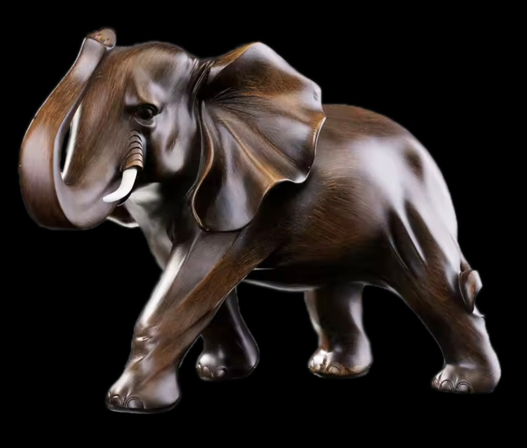 Elephant Resin Wood-Effect Statue - Desk & Home Decor Sculpture (Left & Right View, 3 Sizes)