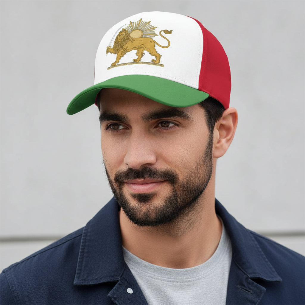 Cap with lion and sun emblem on a white background