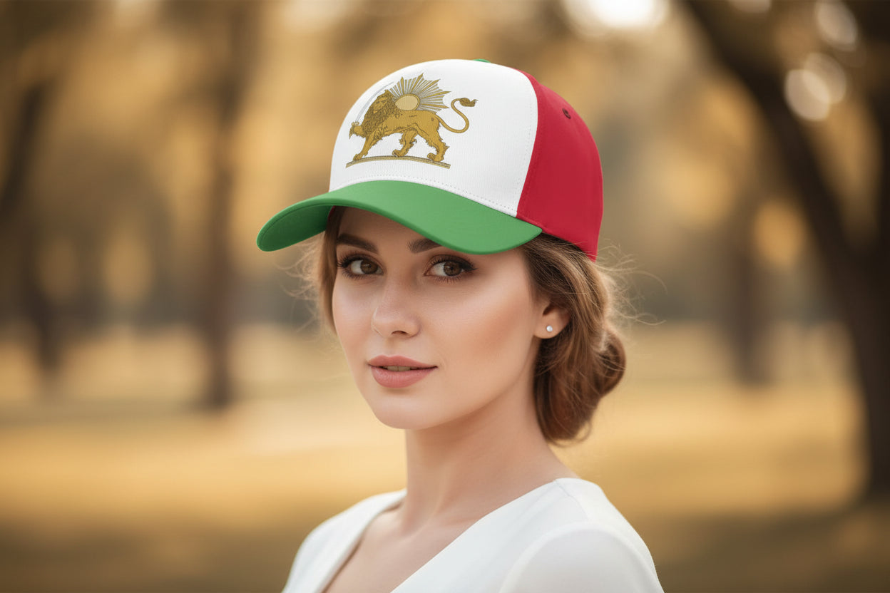 Cap with lion and sun emblem on a white background