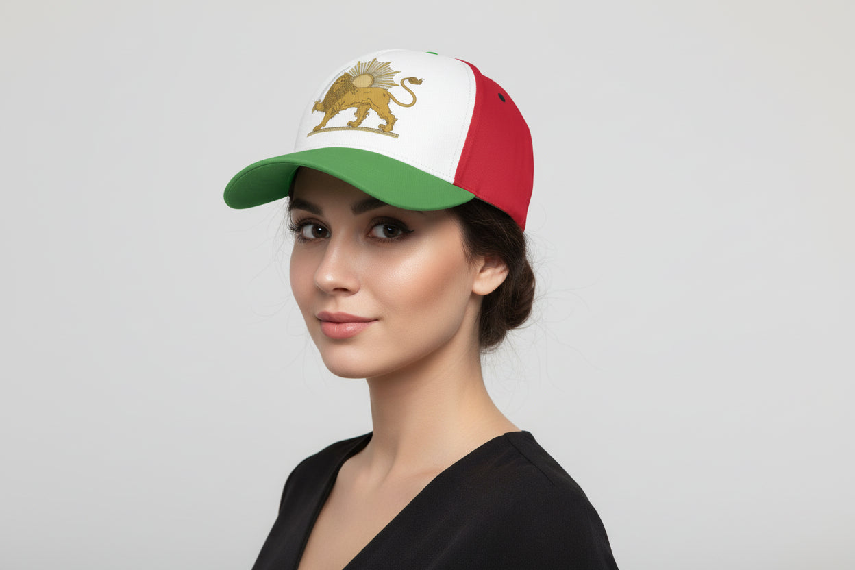 Cap with lion and sun emblem on a white background