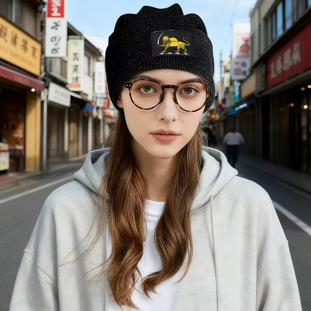 Iran Flag Persian Lion and Sun Beanie Hat for Men and Women – Fleece Lined Winter Skull Hat