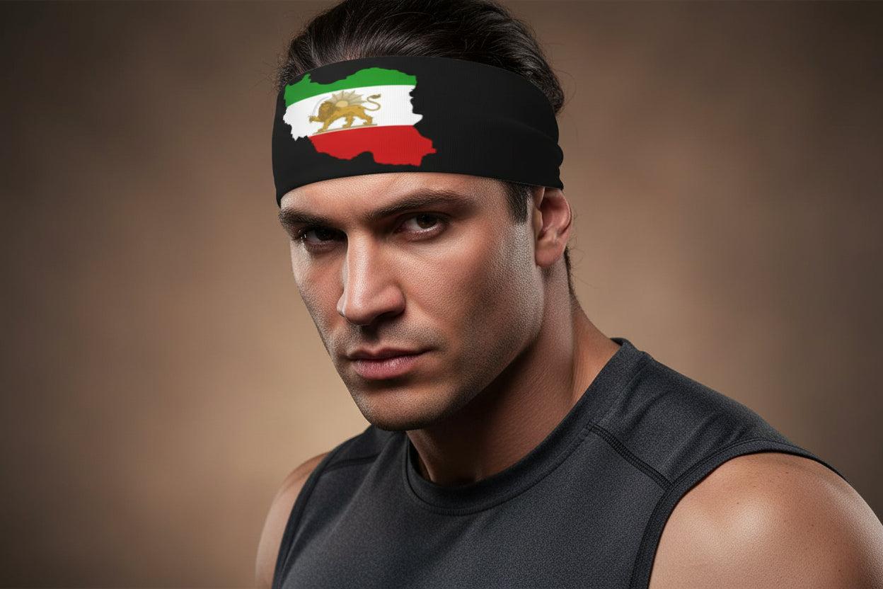 Black headband with a flag design featuring a lion emblem on a white background