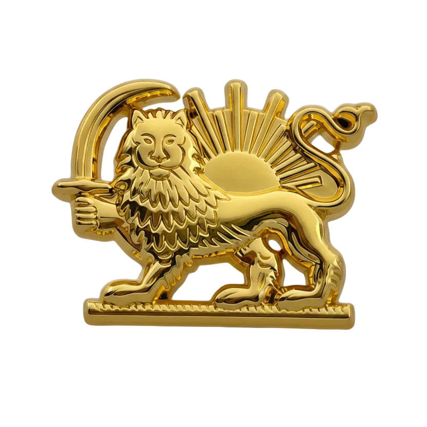 Gold lion emblem with a sunburst design on a white background
