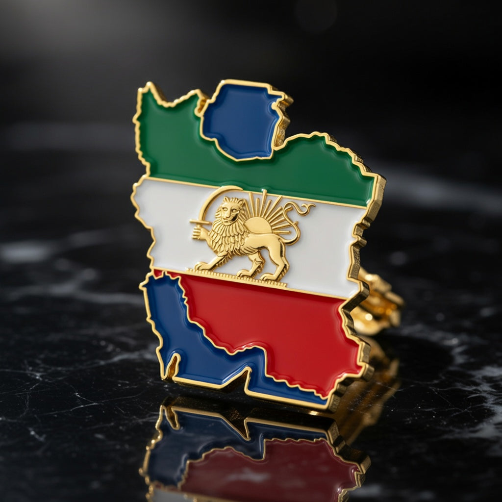 Iran Map Flag Badge Pin 3D – Lion and Sun Iran Map with Persian Gulf & Caspian Sea by LevarJewelz