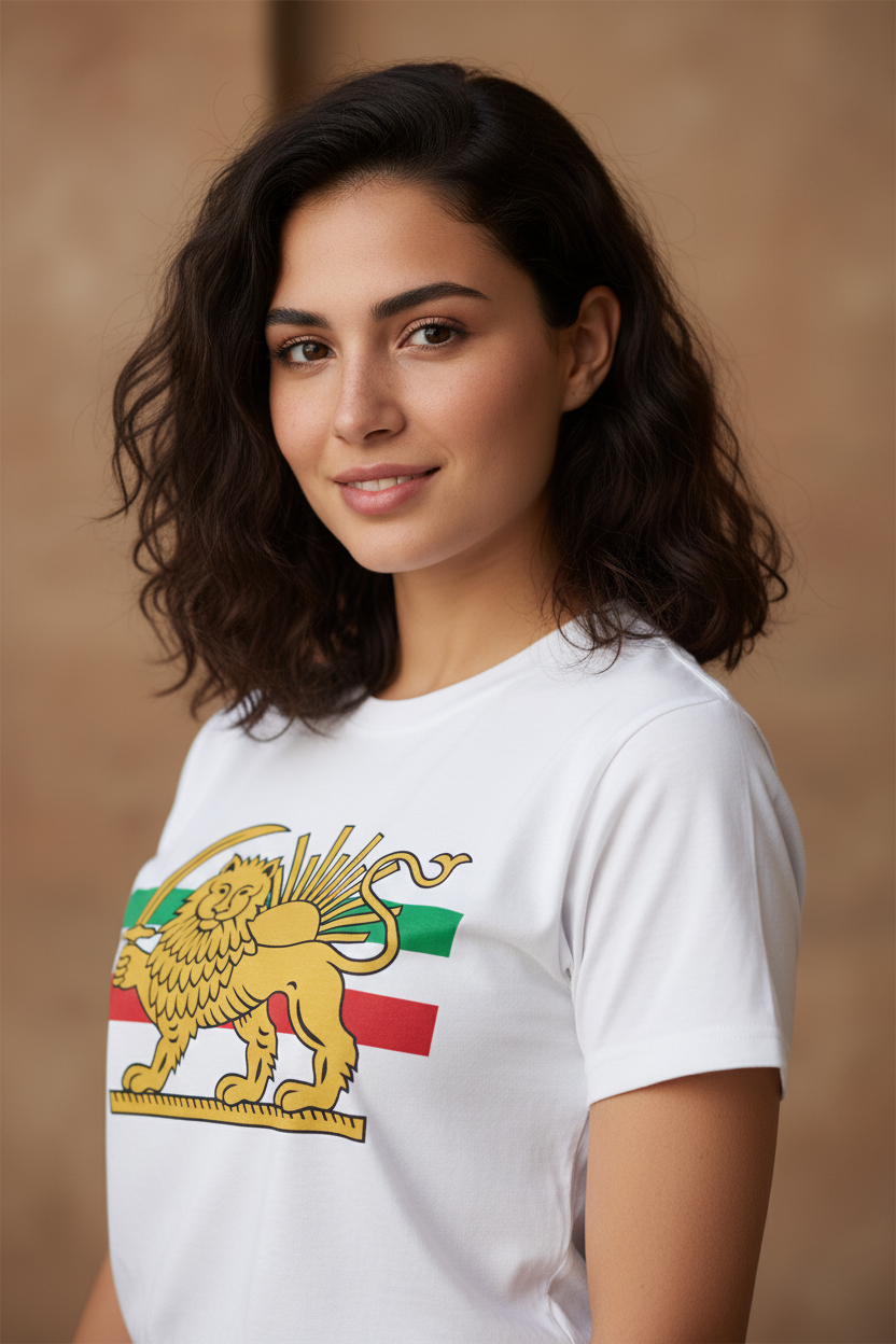 Woman wearing a white t-shirt with a lion emblem design on a beige background