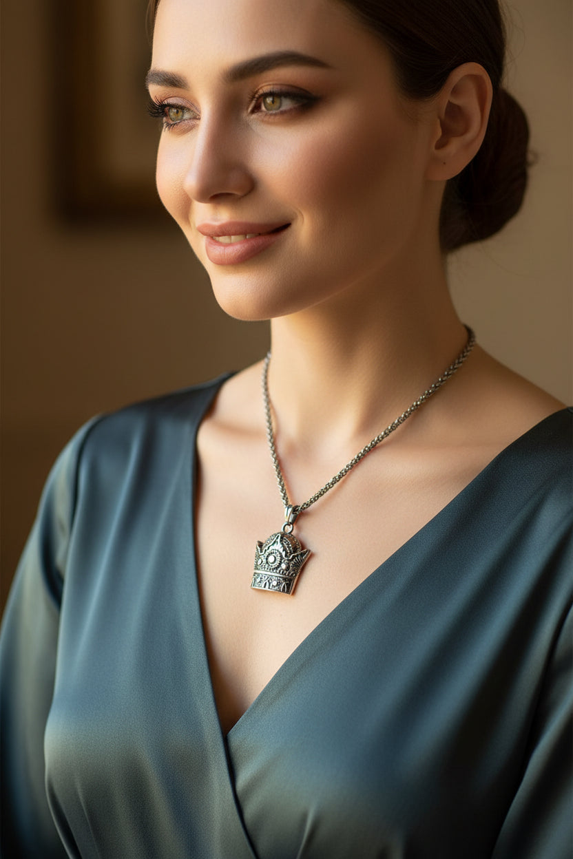 Decorative pendant necklace on a white background