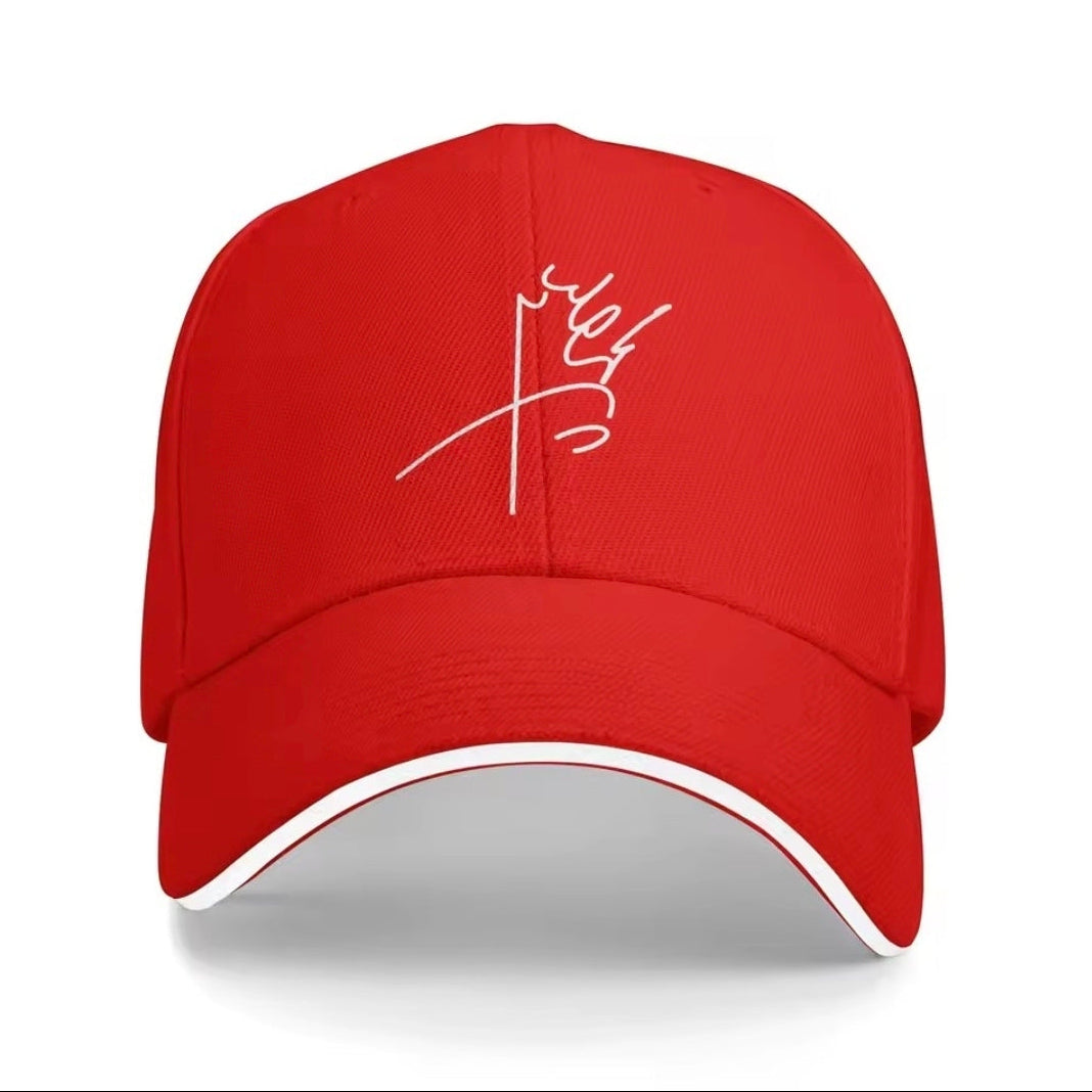Red cap with white logo on a white background