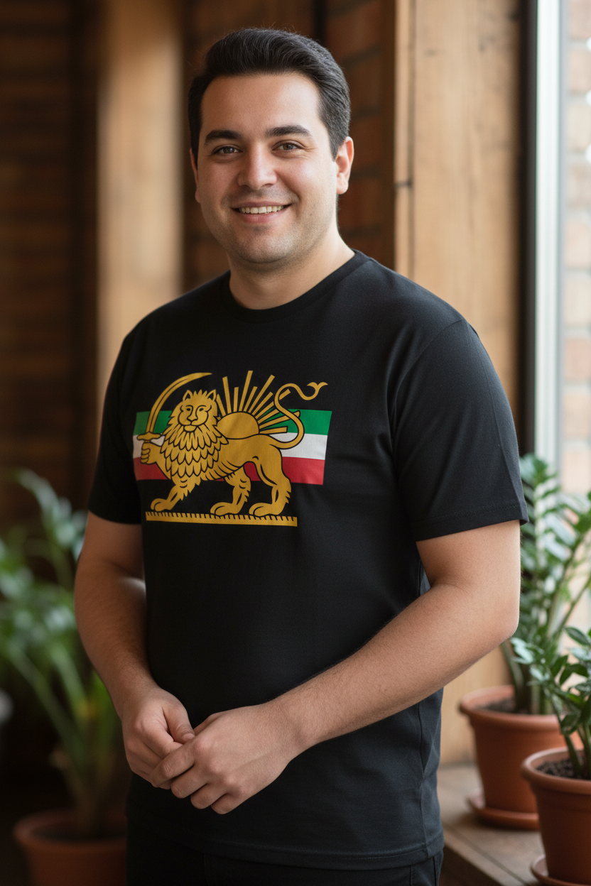 Man wearing a black t-shirt with a lion emblem and flag design, standing indoors with plants in the background.