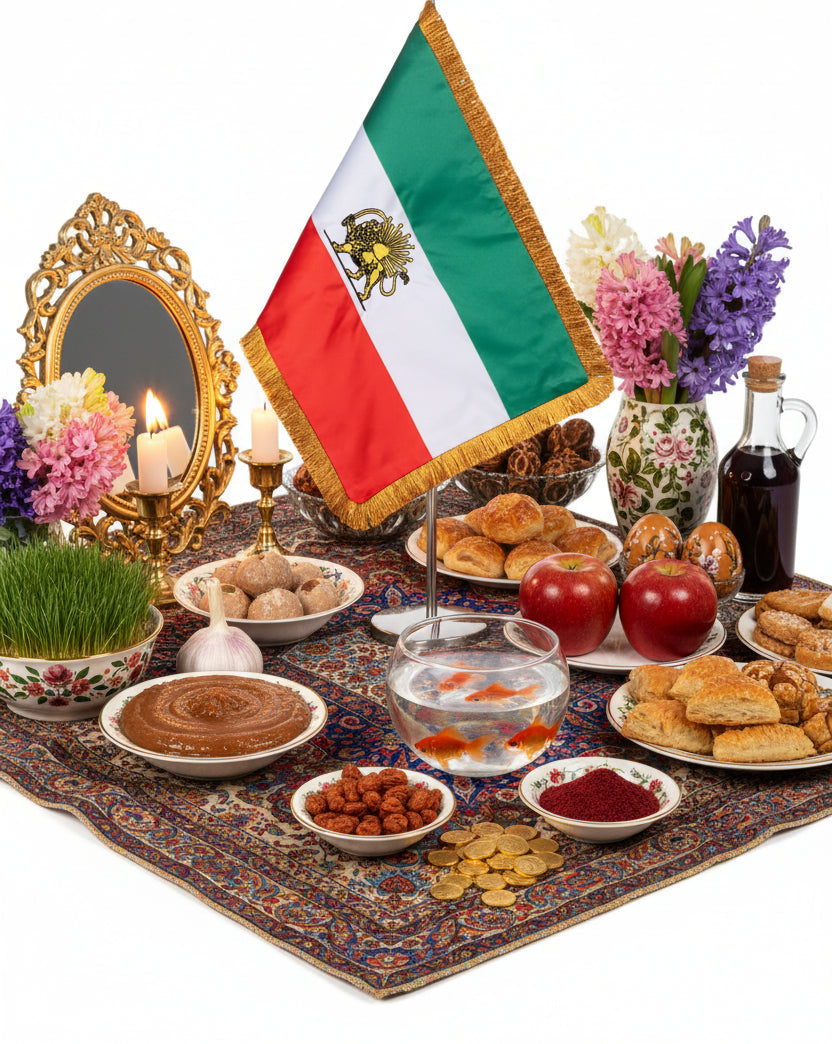 Table setting with Iranian flag, food, and decorative items on a white background