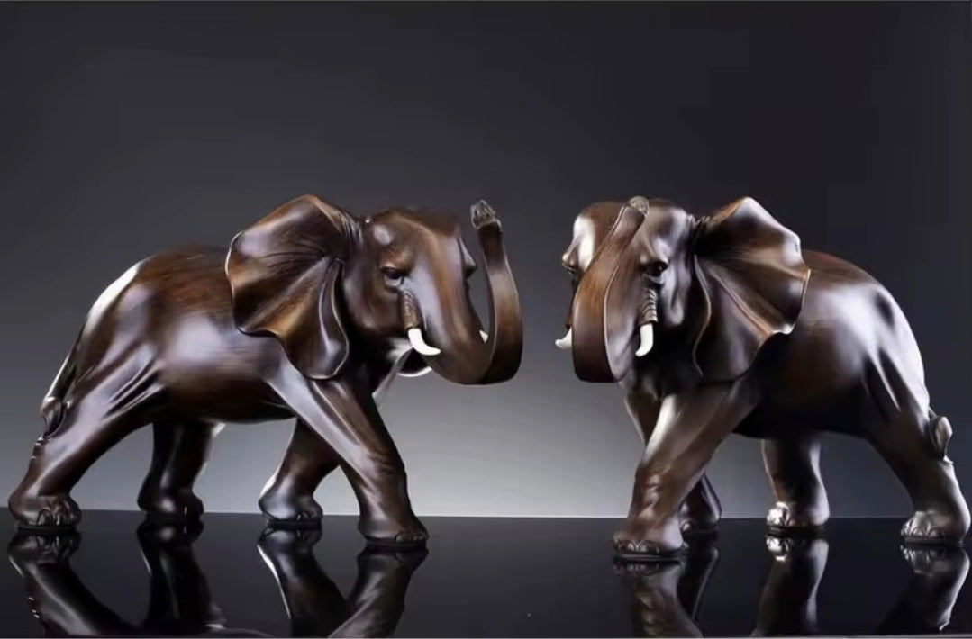Elephant Resin Wood-Effect Statue - Desk & Home Decor Sculpture (Left & Right View, 3 Sizes)