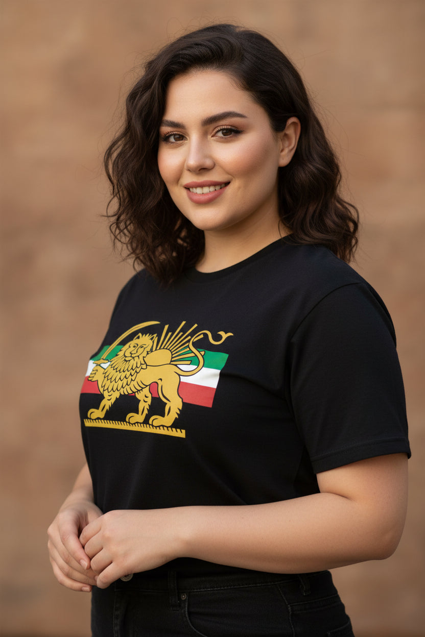 Black t-shirt with a gold lion emblem and green, white, and red stripes on a white background