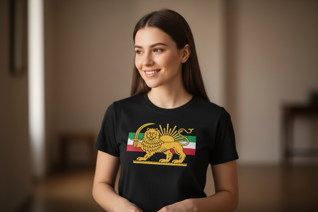 Woman wearing a black t-shirt with a lion emblem design.