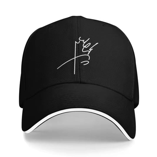 Black cap with white logo on a white background