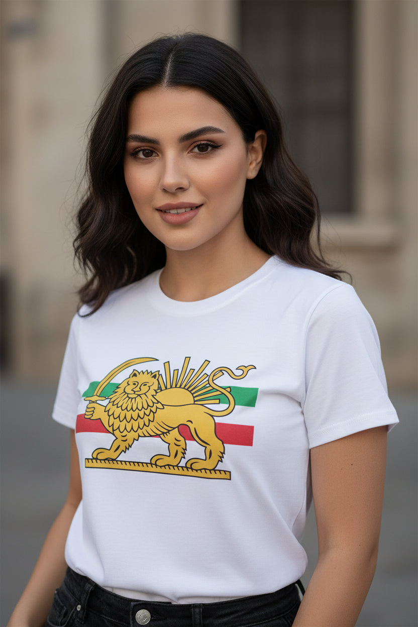 Woman wearing a white t-shirt with a lion emblem design outdoors.