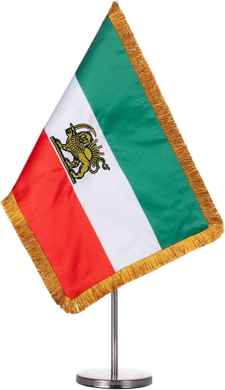 Flag with a emblem on a stand against a white background