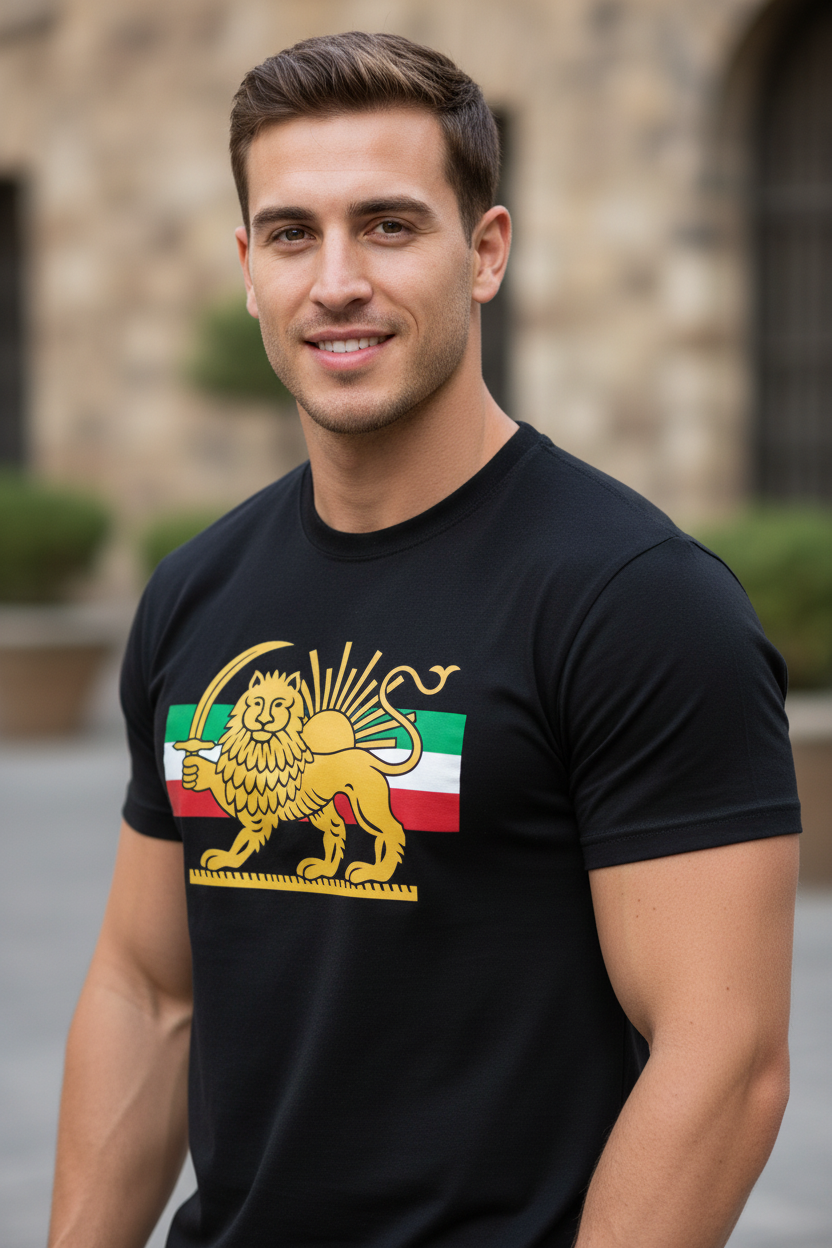Man wearing a black t-shirt with a lion emblem design outdoors.